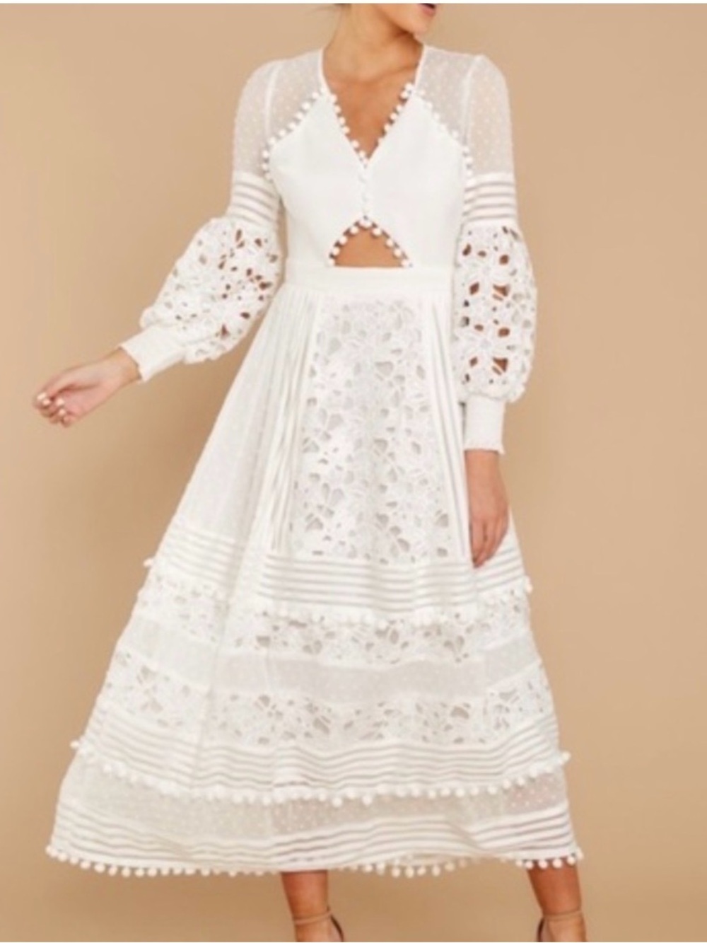 L'ATISTE White Long Sleeve Eyelet Midi Dress